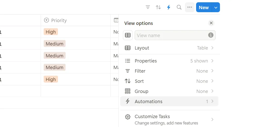 Menu tùy chọn của một cơ sở dữ liệu liên kết trong Notion, bao gồm mục Automation.