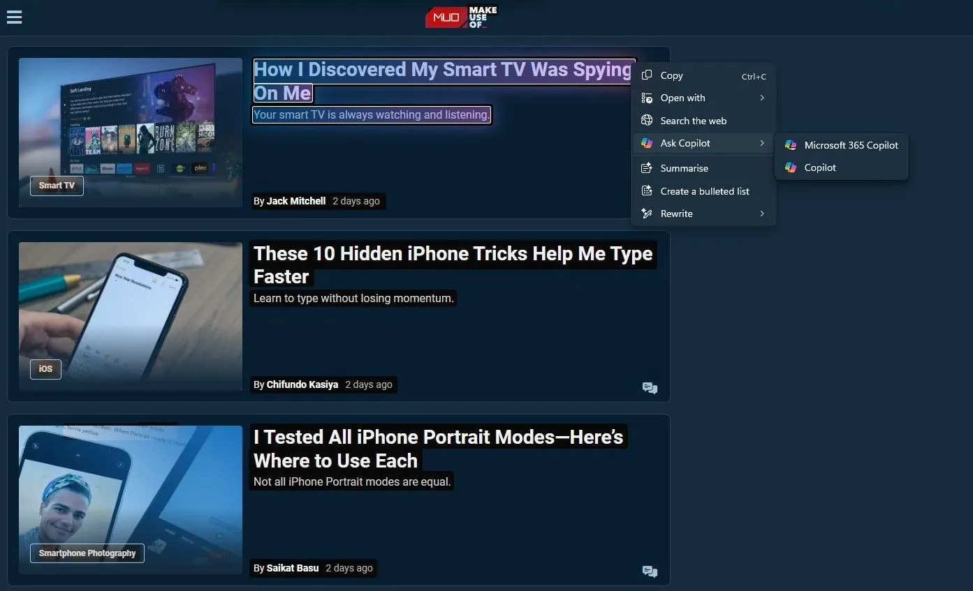 Menu tùy chọn của tính năng Click to Do trong Windows 11 khi Ask Copilot được kích hoạt.