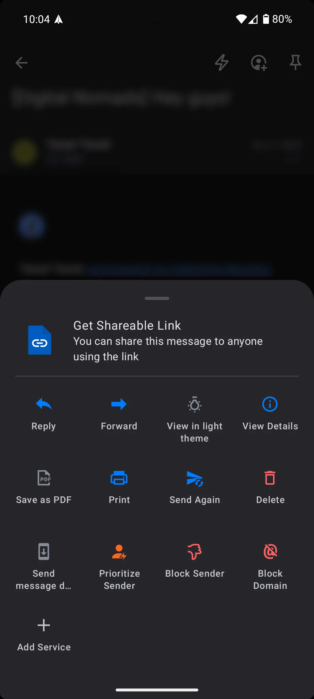Menu tùy chọn cuộc trò chuyện trong Spark Mail Android, hiển thị tính năng chia sẻ cuộc hội thoại dưới dạng liên kết web