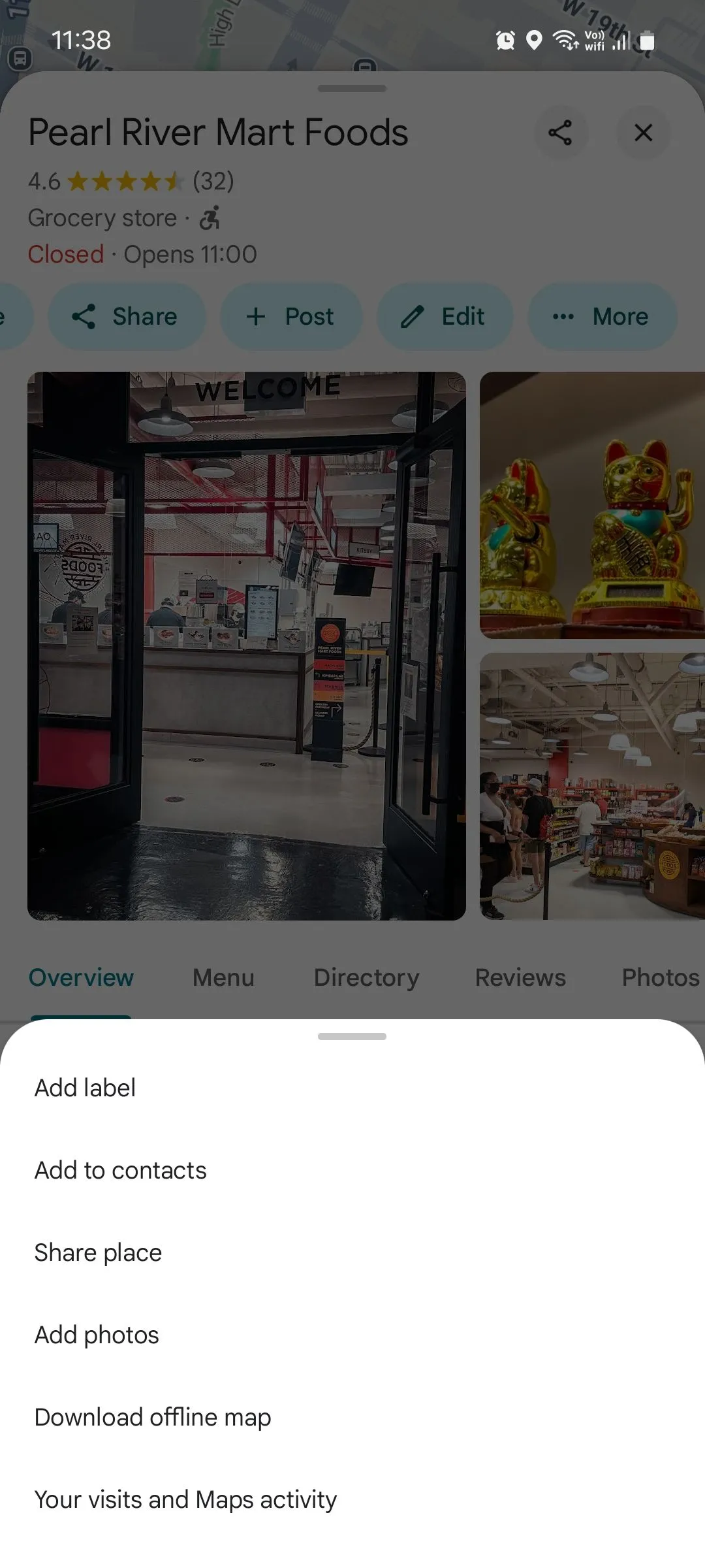 Menu tùy chọn vị trí trên Google Maps, hiển thị nút thêm nhãn