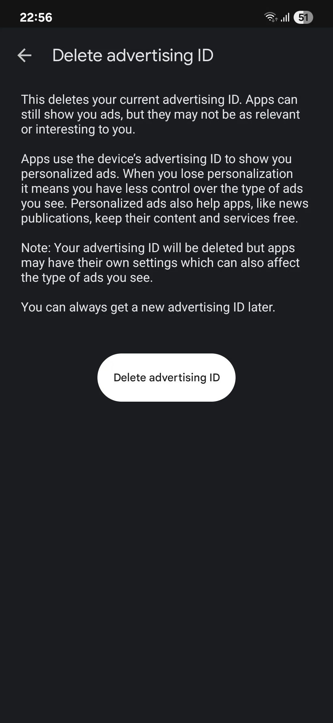 Menu tùy chọn xóa hoặc đặt lại ID quảng cáo Google trên Android