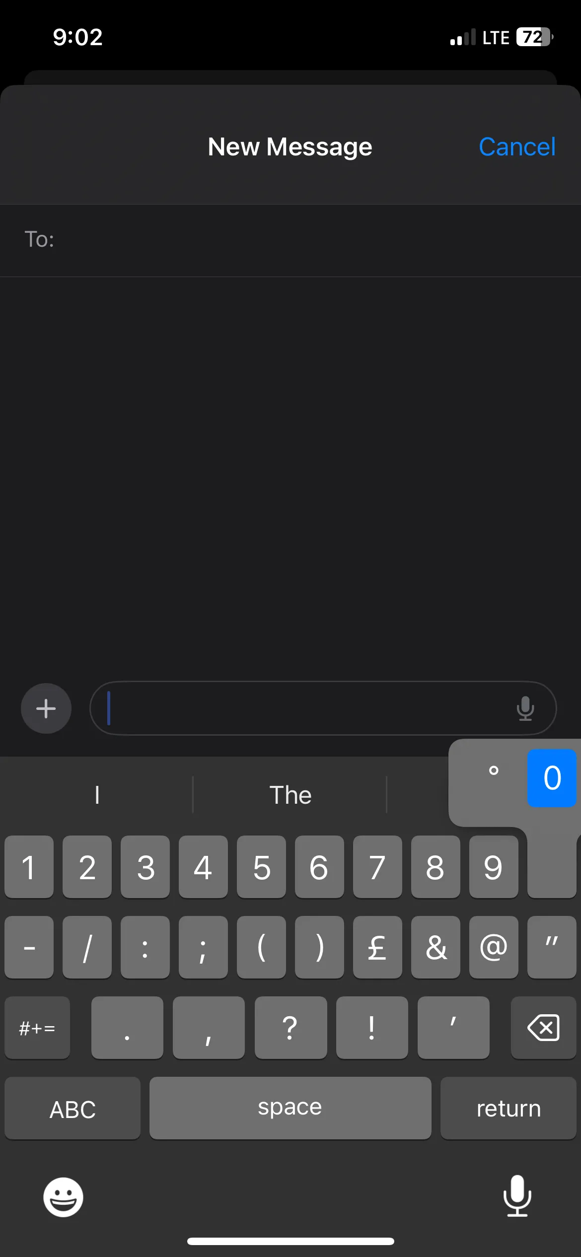 Menu tùy chọn xuất hiện khi nhấn giữ phím số 0 trên bàn phím iPhone để chọn ký hiệu độ.