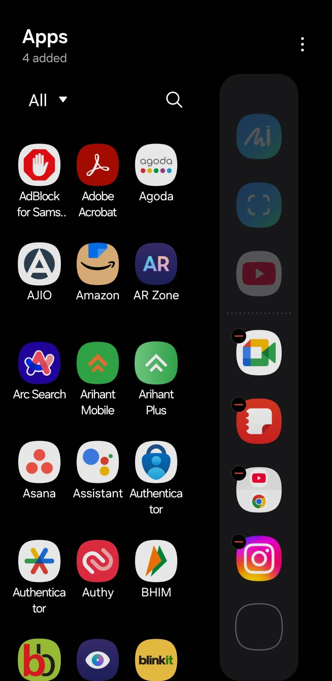Menu ứng dụng Edge Panel trên điện thoại Samsung