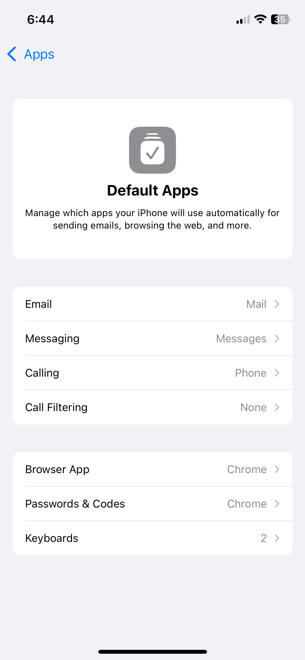 Menu ứng dụng mặc định trên iPhone cho phép thay đổi trình duyệt, email và ứng dụng khác.