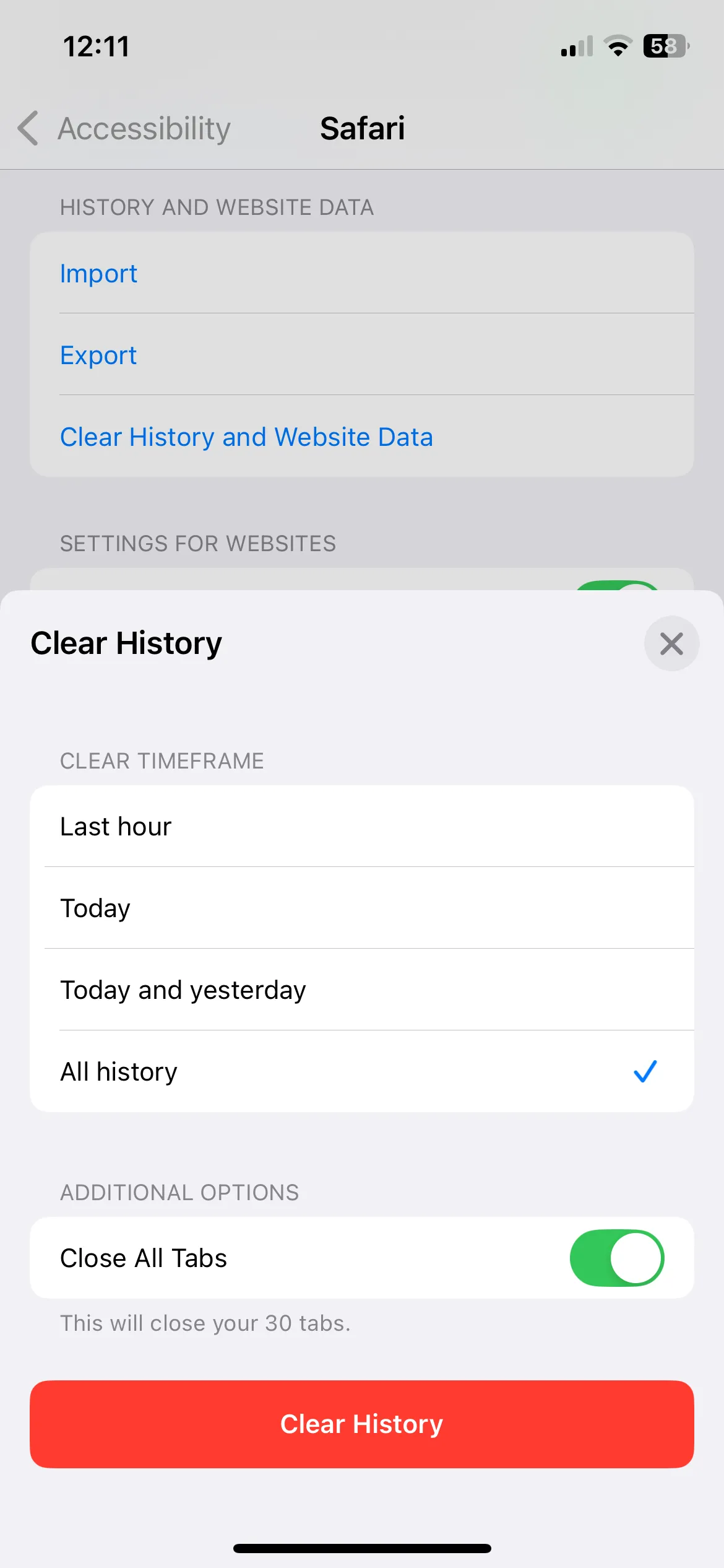 Menu xóa Lịch sử và Dữ liệu trang web trong cài đặt Safari trên iPhone