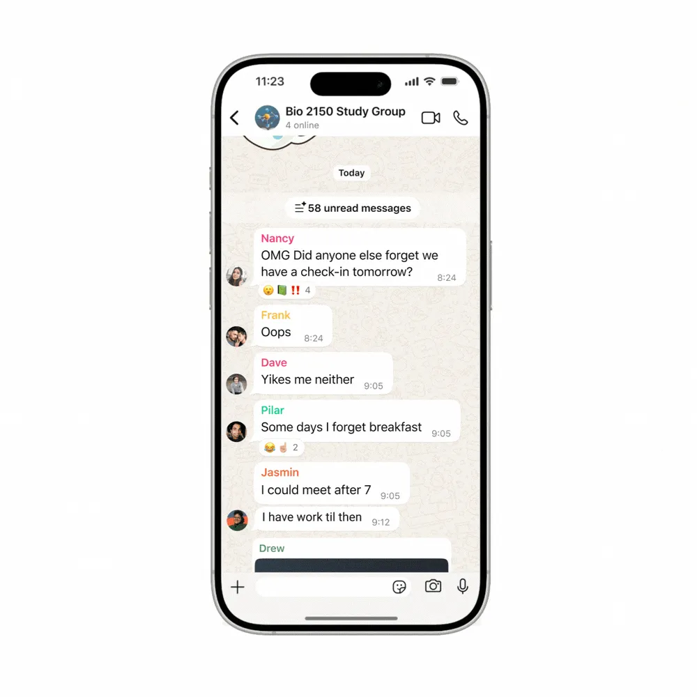 Meta AI tóm tắt tin nhắn chưa đọc trên WhatsApp, minh họa tính năng mới và cách hiển thị nội dung.