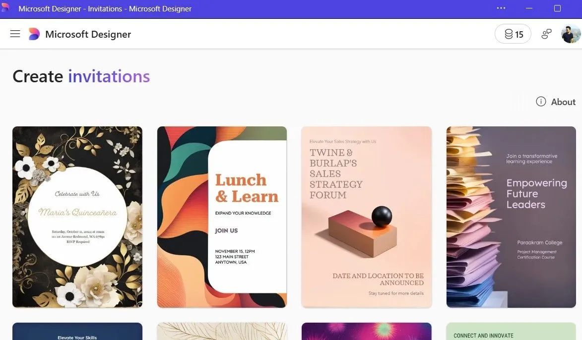 Microsoft Designer hiển thị các mẫu thiệp mời sẵn có để người dùng tùy chỉnh