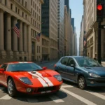 Minh họa chất lượng hình ảnh AI của ChatGPT với chiếc Ford GT 2006 và Peugeot 206 dừng đèn đỏ