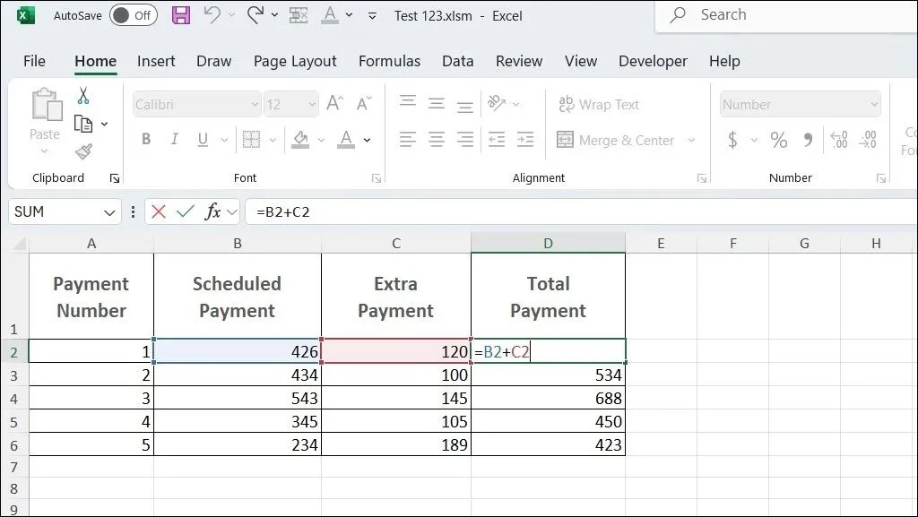 Minh họa công thức tính tổng cơ bản trong bảng tính Excel