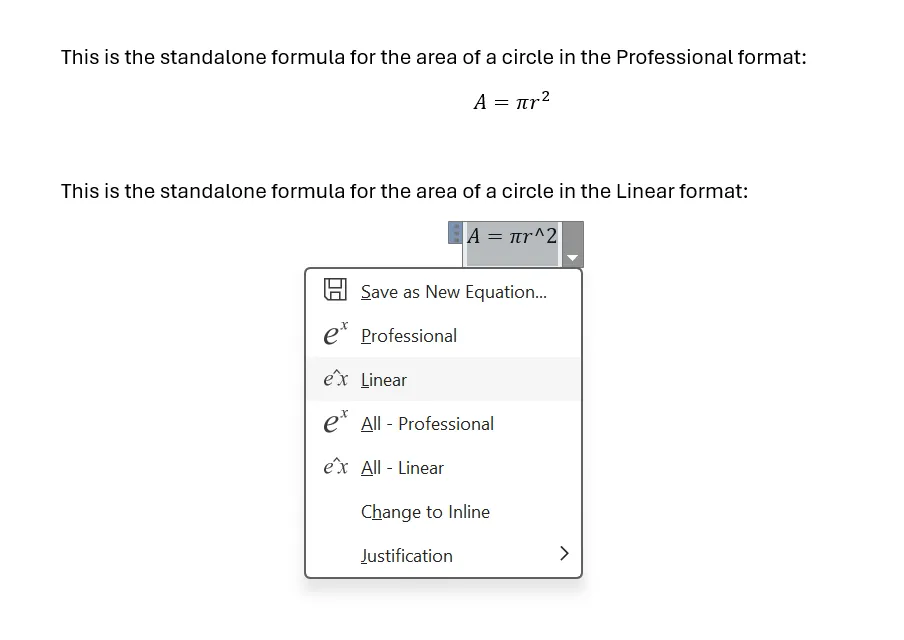 Minh họa định dạng công thức Professional và Linear trong Equation Editor của Word