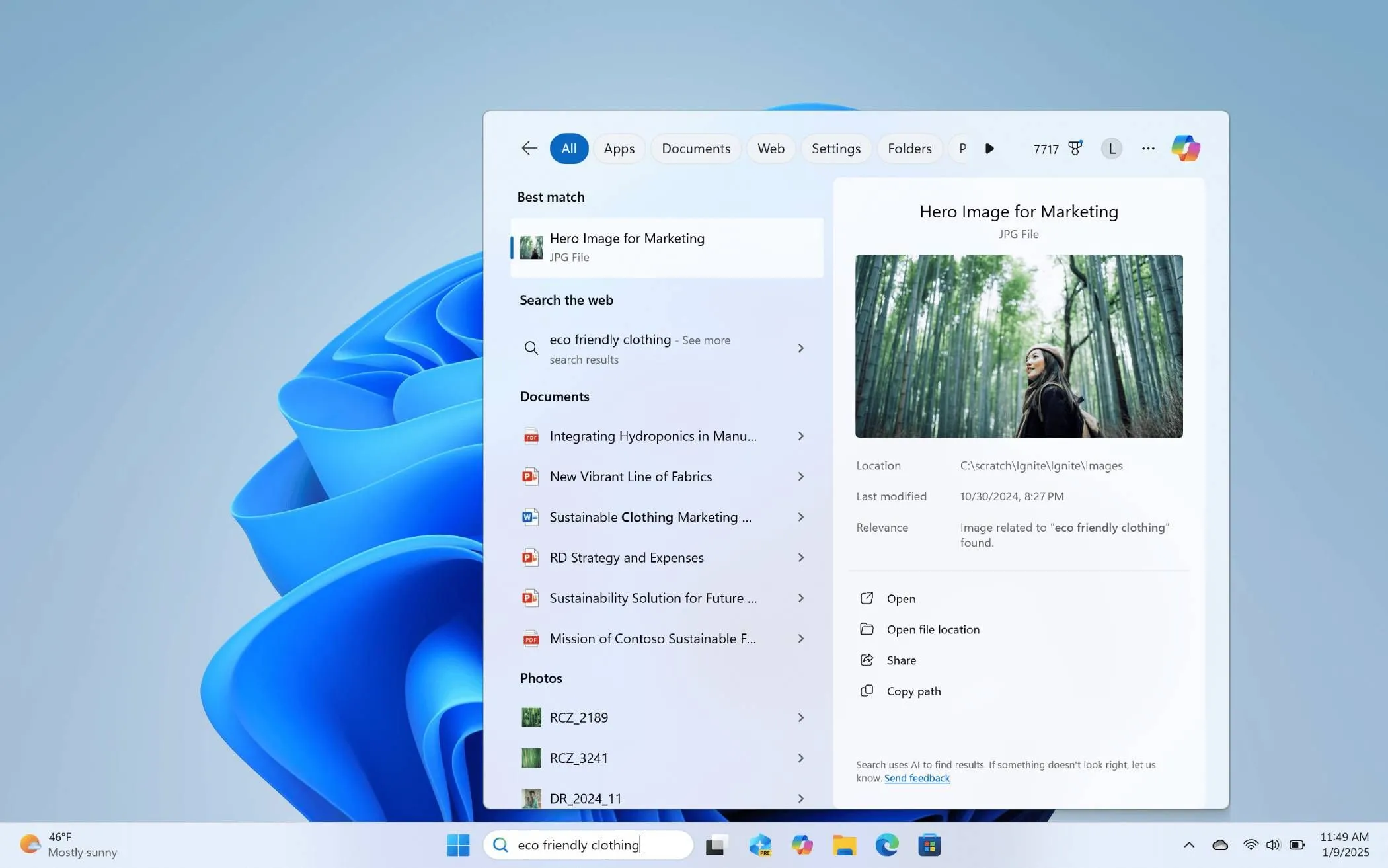 Minh họa tìm kiếm &quot;quần áo thân thiện môi trường&quot; với Semantic Search trong Windows 11