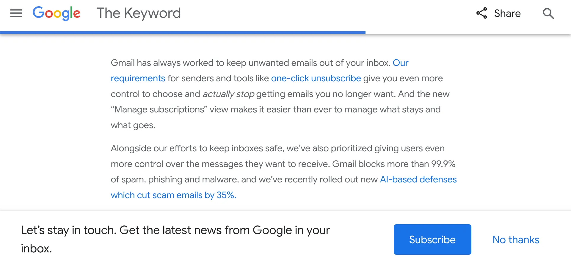 Minh họa trang Google The Keyword yêu cầu đăng ký nhận tin tức, liên quan đến tính năng quản lý đăng ký email của Gmail.