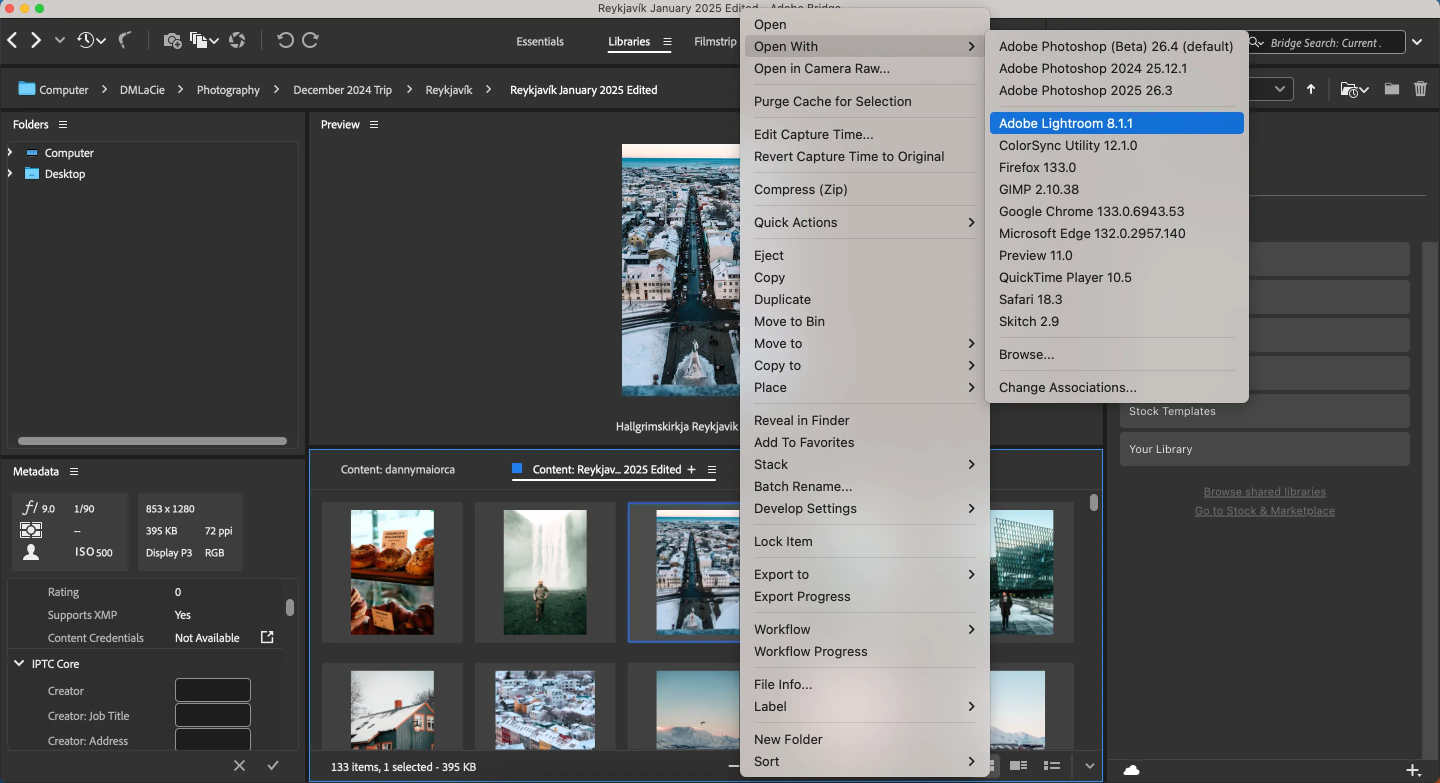 Mở ảnh từ Adobe Bridge trực tiếp trong các ứng dụng Adobe khác như Photoshop, Lightroom hoặc Camera Raw để tối ưu quy trình chỉnh sửa