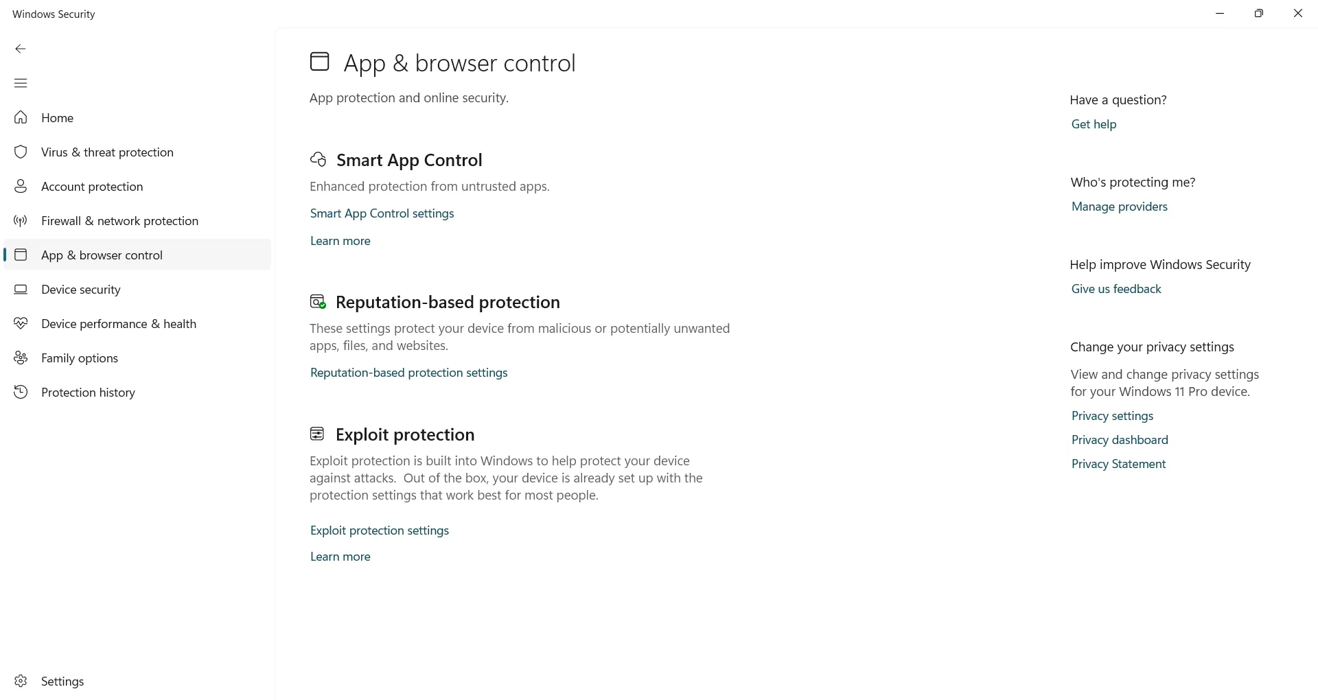 Mở cài đặt Exploit Protection trong Windows Security để tùy chỉnh các tùy chọn bảo vệ nâng cao