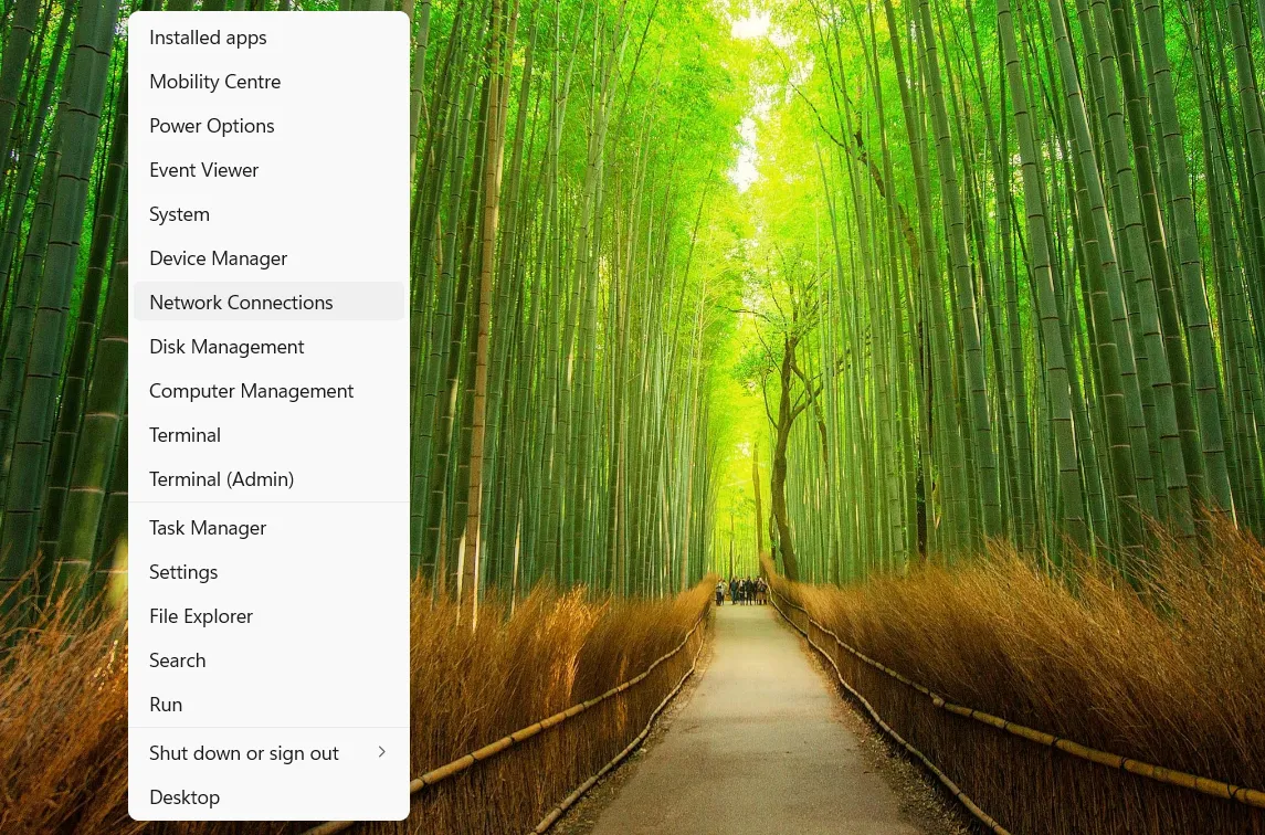 Mở công cụ Network Connections qua Quick Access Menu Windows