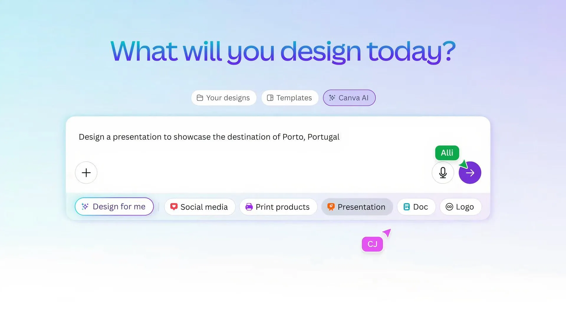 Mô phỏng cách sử dụng tính năng Design for Me của Canva.