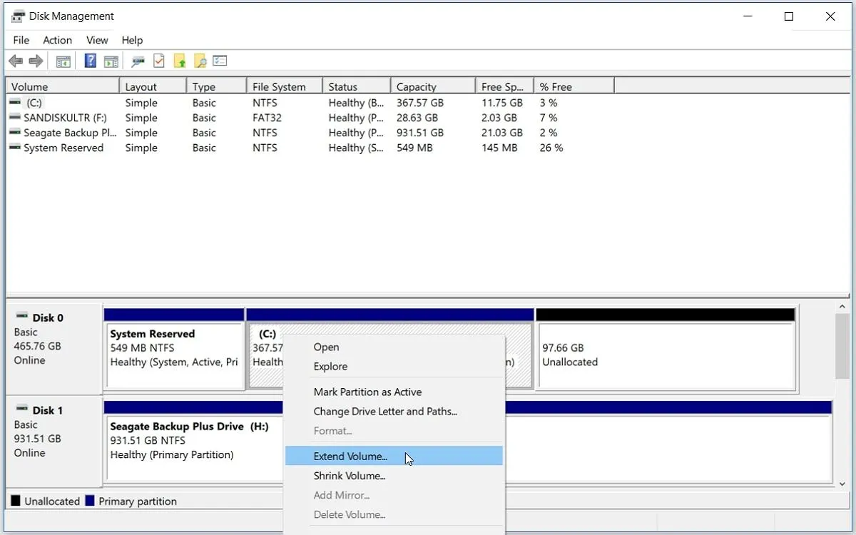 Mở rộng ổ C trong Disk Management