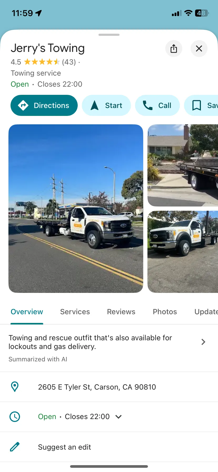 Mô tả hồ sơ doanh nghiệp cứu hộ Jerry's Towing trên Google Maps, hiển thị tab "Tổng quan" với thông tin website, nhằm minh họa vị trí kiểm tra trang web doanh nghiệp.