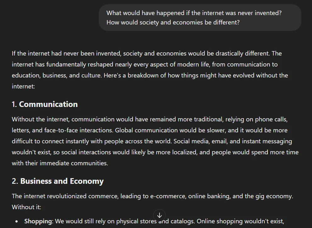 Mô tả prompt tư duy phản thực trên ChatGPT về viễn cảnh thế giới không có Internet