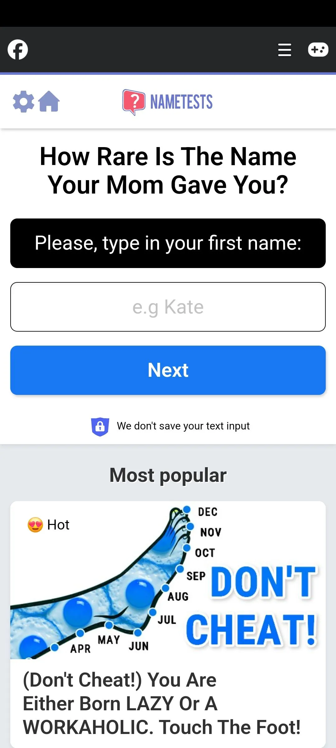 Một bài trắc nghiệm về tên trên Facebook, minh họa hình thức lừa đảo thu thập thông tin cá nhân qua các ứng dụng giải trí.