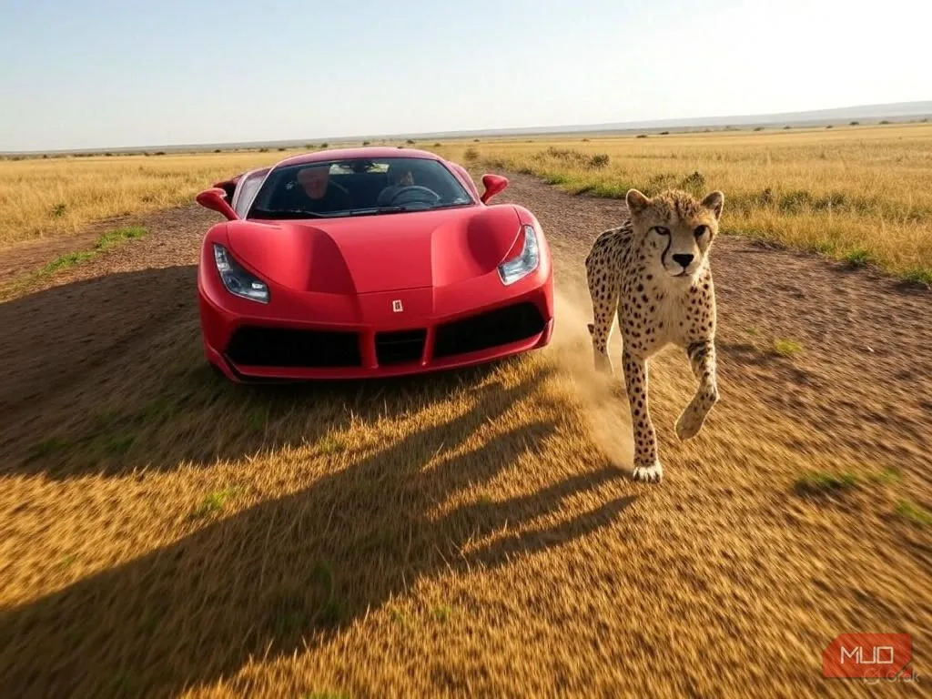 Một chiếc xe thể thao đang đua với một con báo cheetah, được tạo bởi AI