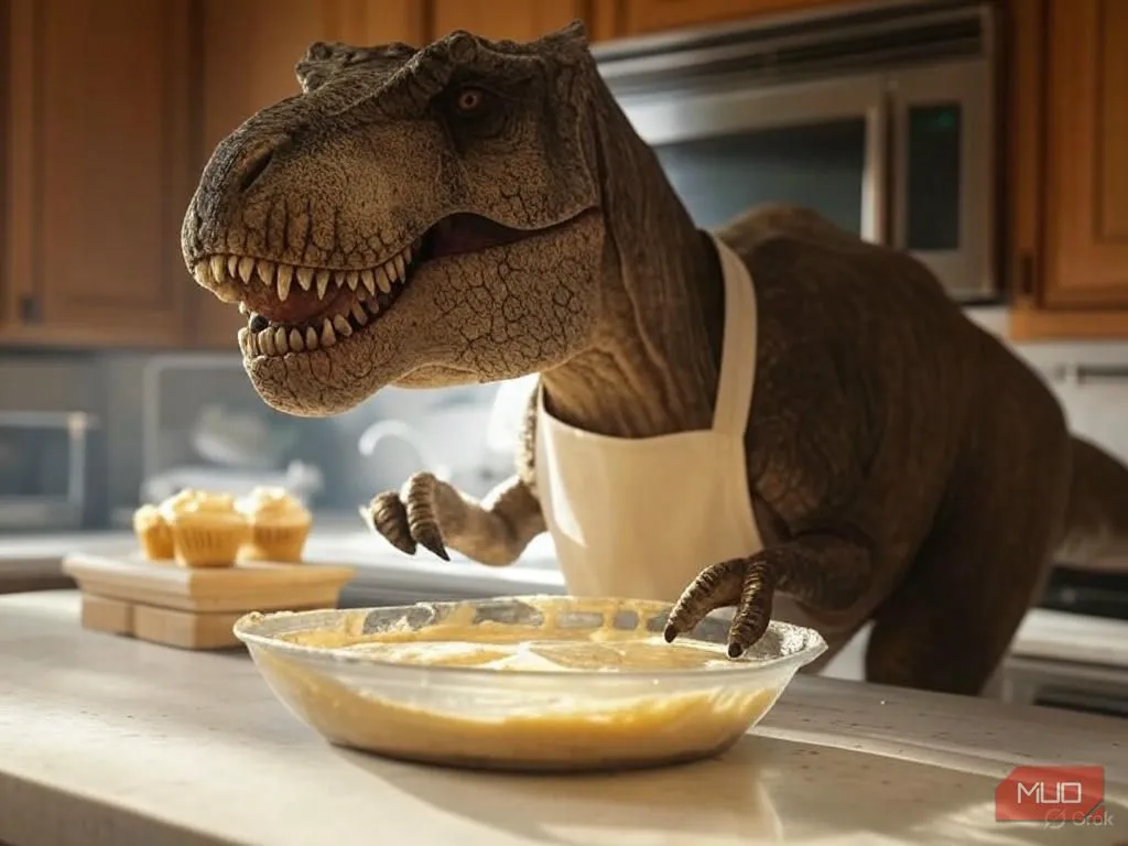 Một con T. rex đang nướng bánh cupcake, đeo tạp dề đầu bếp, được tạo bởi AI