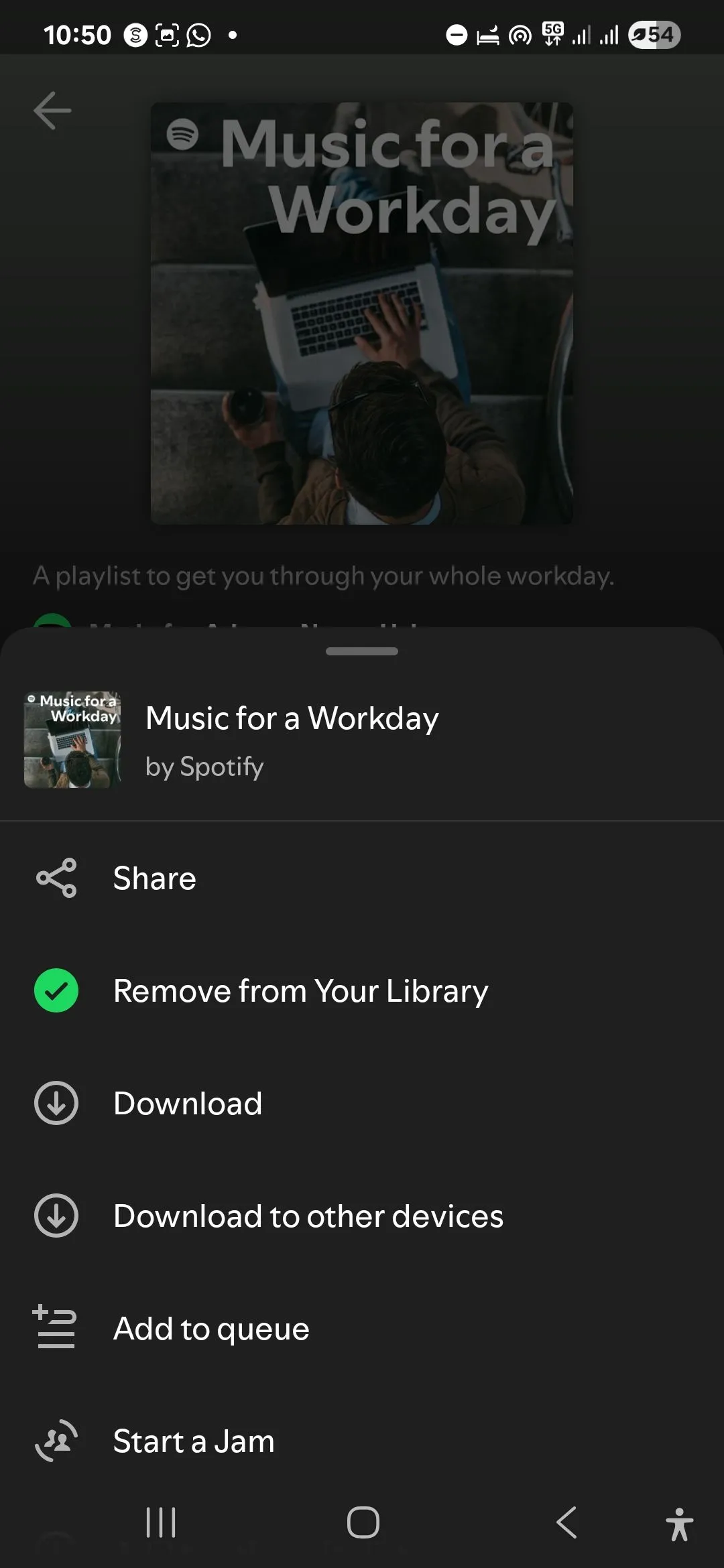 Một danh sách phát nhạc trên Spotify cho Android hiển thị tùy chọn tải xuống, hỗ trợ nghe nhạc offline khi đi du lịch.