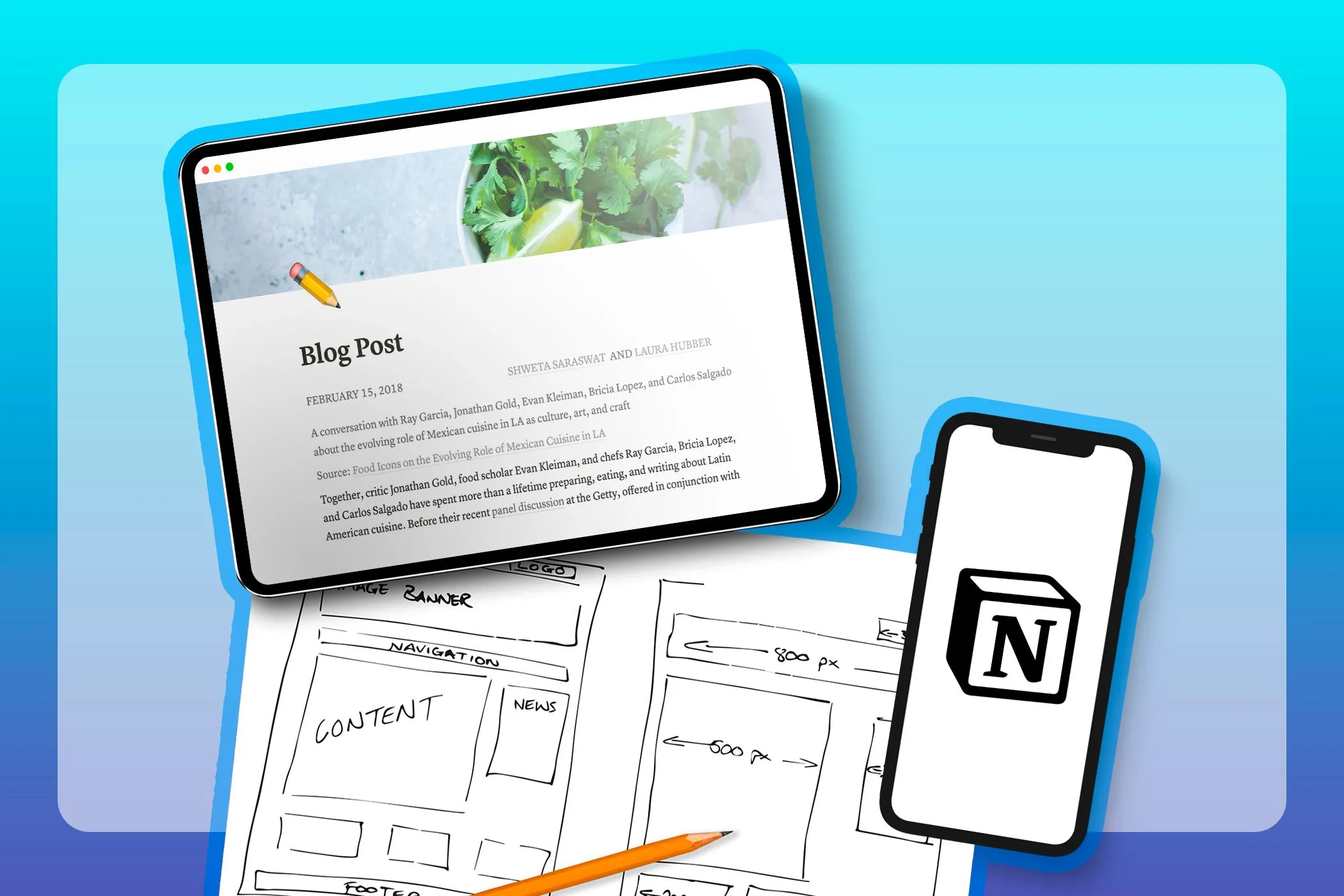 Một máy tính bảng hiển thị trang web được tạo bằng Notion Sites, cùng với các bản phác thảo website và một điện thoại có logo Notion.