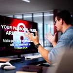 Một người đàn ông bất lực trước màn hình máy tính hiển thị thông báo ransomware mã hóa dữ liệu.