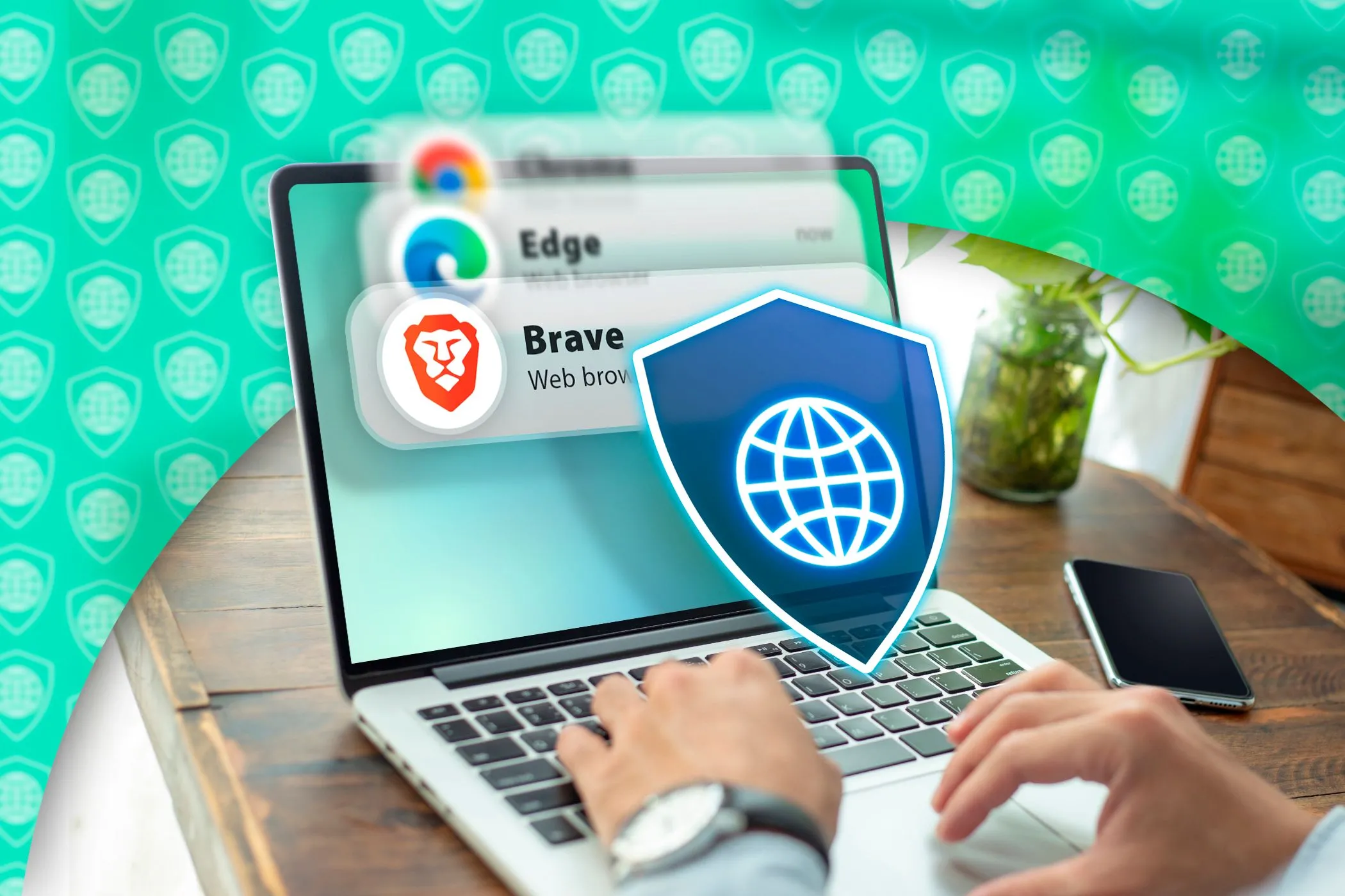 Một người đang dùng laptop với các biểu tượng trình duyệt và một biểu tượng bảo mật phía trước màn hình, tượng trưng cho tầm quan trọng của việc cập nhật trình duyệt để đảm bảo an toàn.