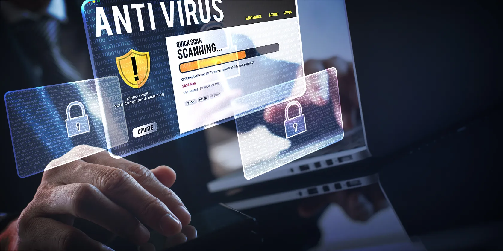 Một người đang sử dụng công cụ quét virus để bảo vệ máy tính khỏi ransomware