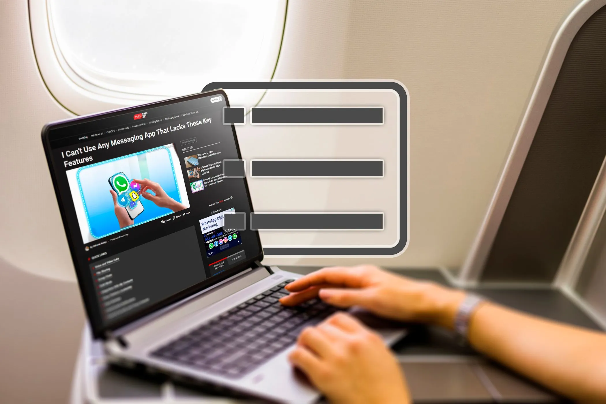 Một người đang sử dụng laptop trên máy bay, biểu tượng Danh sách đọc Chrome nổi bật, gợi ý việc lưu trữ bài viết để đọc sau