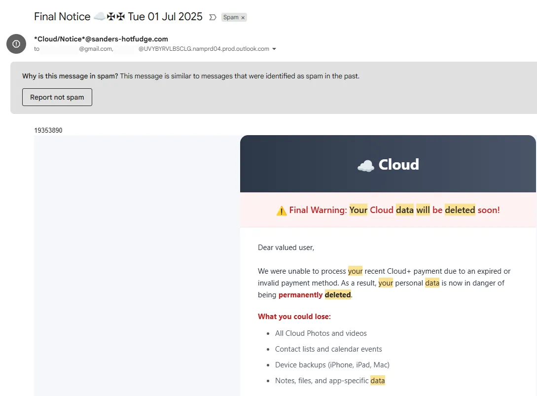 Một phần khác của email lừa đảo đám mây hiển thị địa chỉ người gửi bất thường và IP lạ