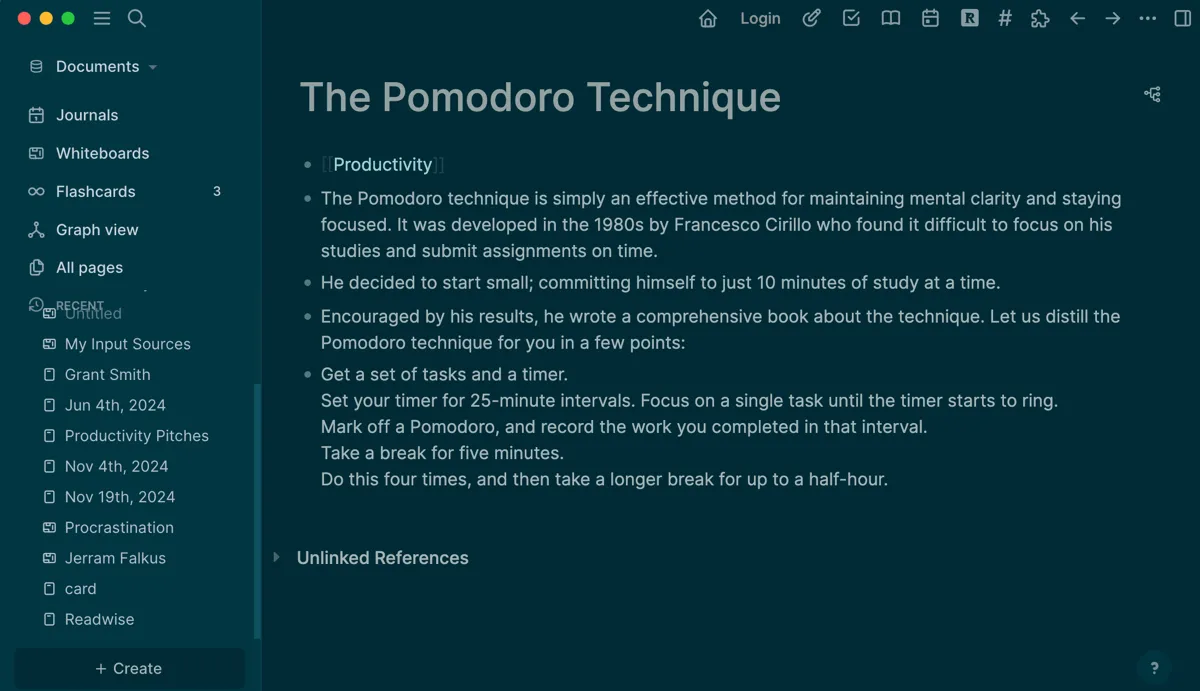 Một trang trong Logseq trình bày kỹ thuật Pomodoro, minh họa cách tạo liên kết hai chiều trong quản lý tri thức