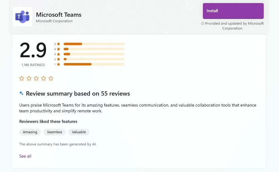 Mức đánh giá của Microsoft Teams trên Microsoft Store với điểm số thấp 2.9 sao