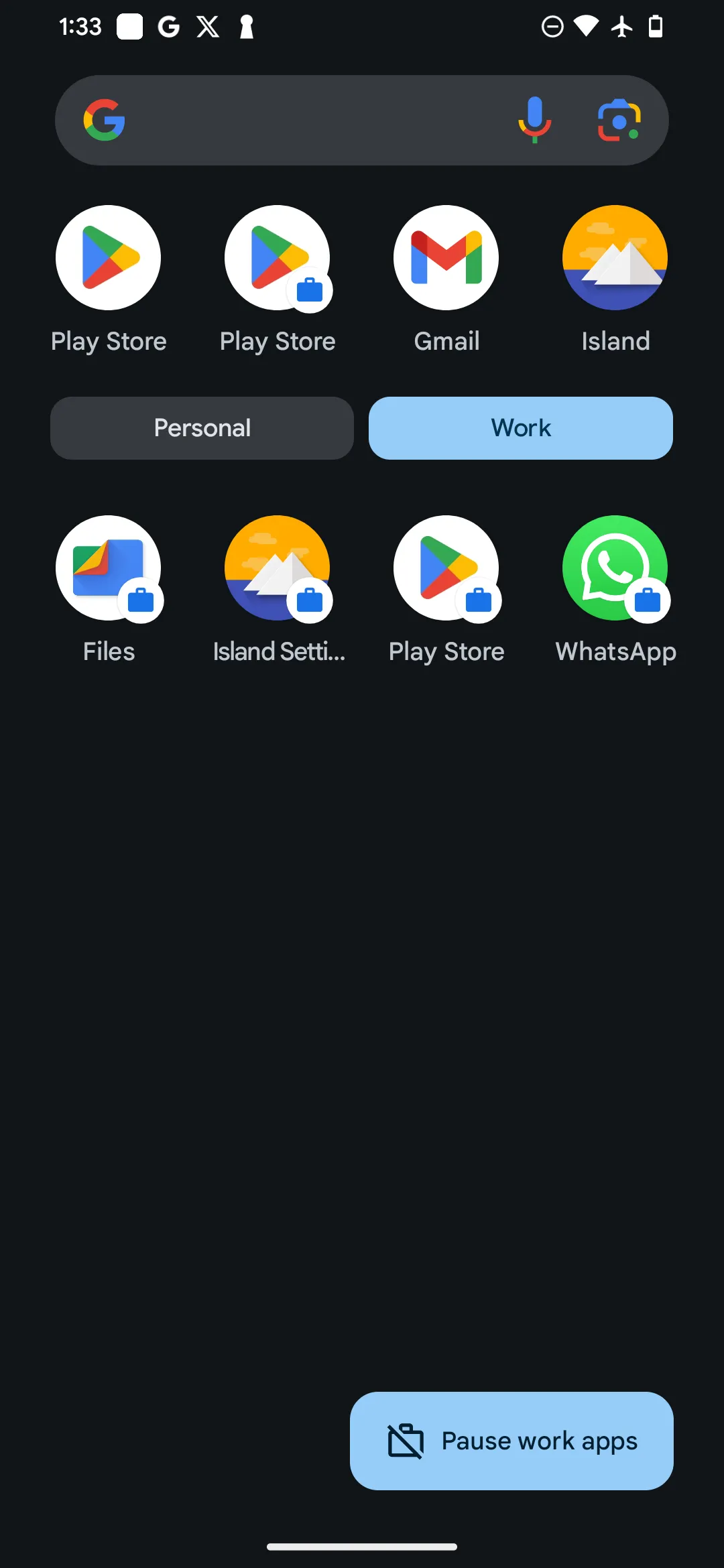 Ngăn kéo ứng dụng Android hiển thị mục Hồ sơ công việc (Work profile) mới chứa các ứng dụng đã nhân bản bằng Island.