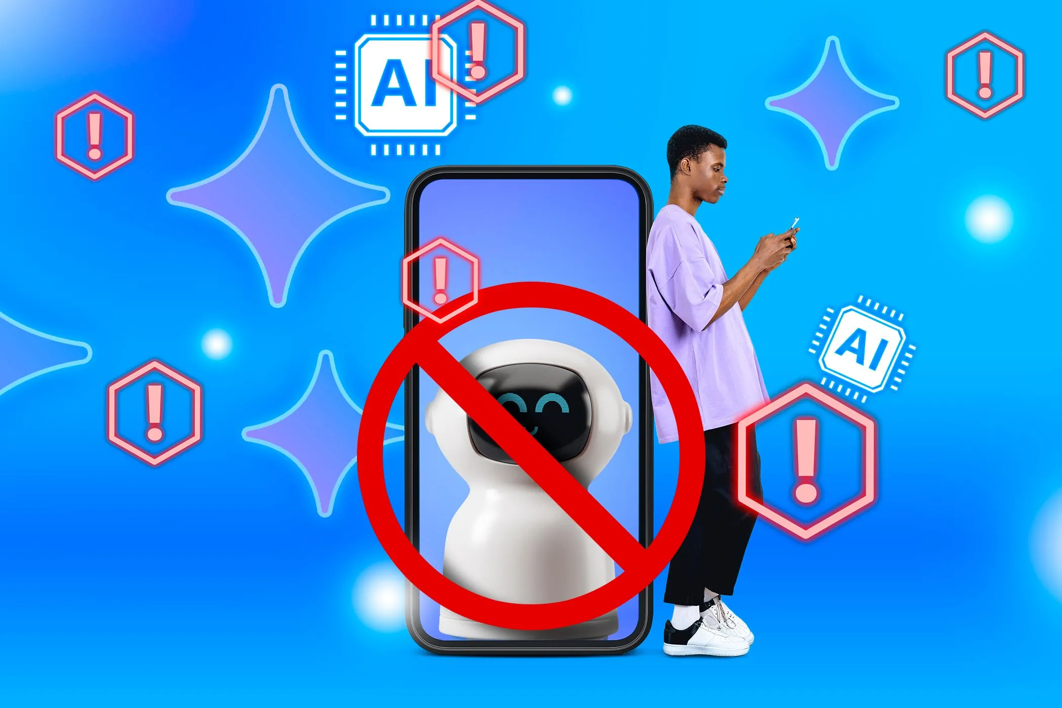 Người đàn ông sử dụng điện thoại bên cạnh robot AI có biểu tượng cấm, tượng trưng cho những hạn chế và rào cản của AI Agent hiện tại