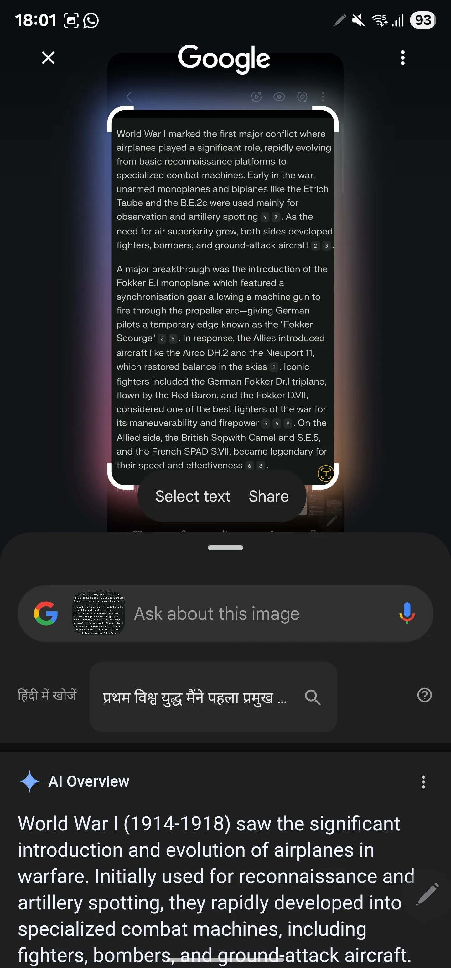 Người dùng chọn một đoạn văn bản để tóm tắt bằng Circle to Search