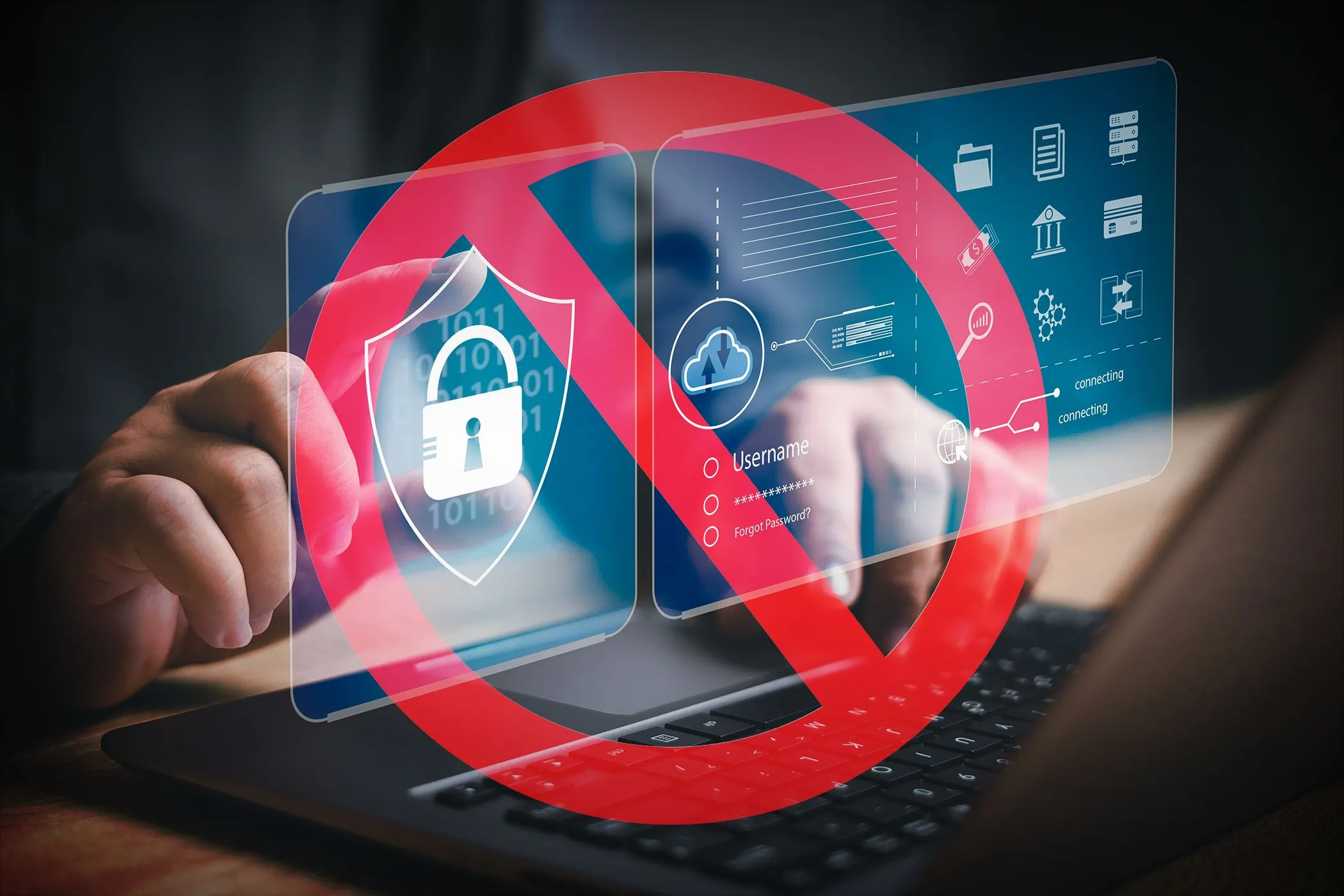 Người dùng đang gõ phím trên laptop với biểu tượng cấm màu đỏ che phủ các icon bảo mật, minh họa rủi ro từ tiện ích mở rộng trình duyệt độc hại.