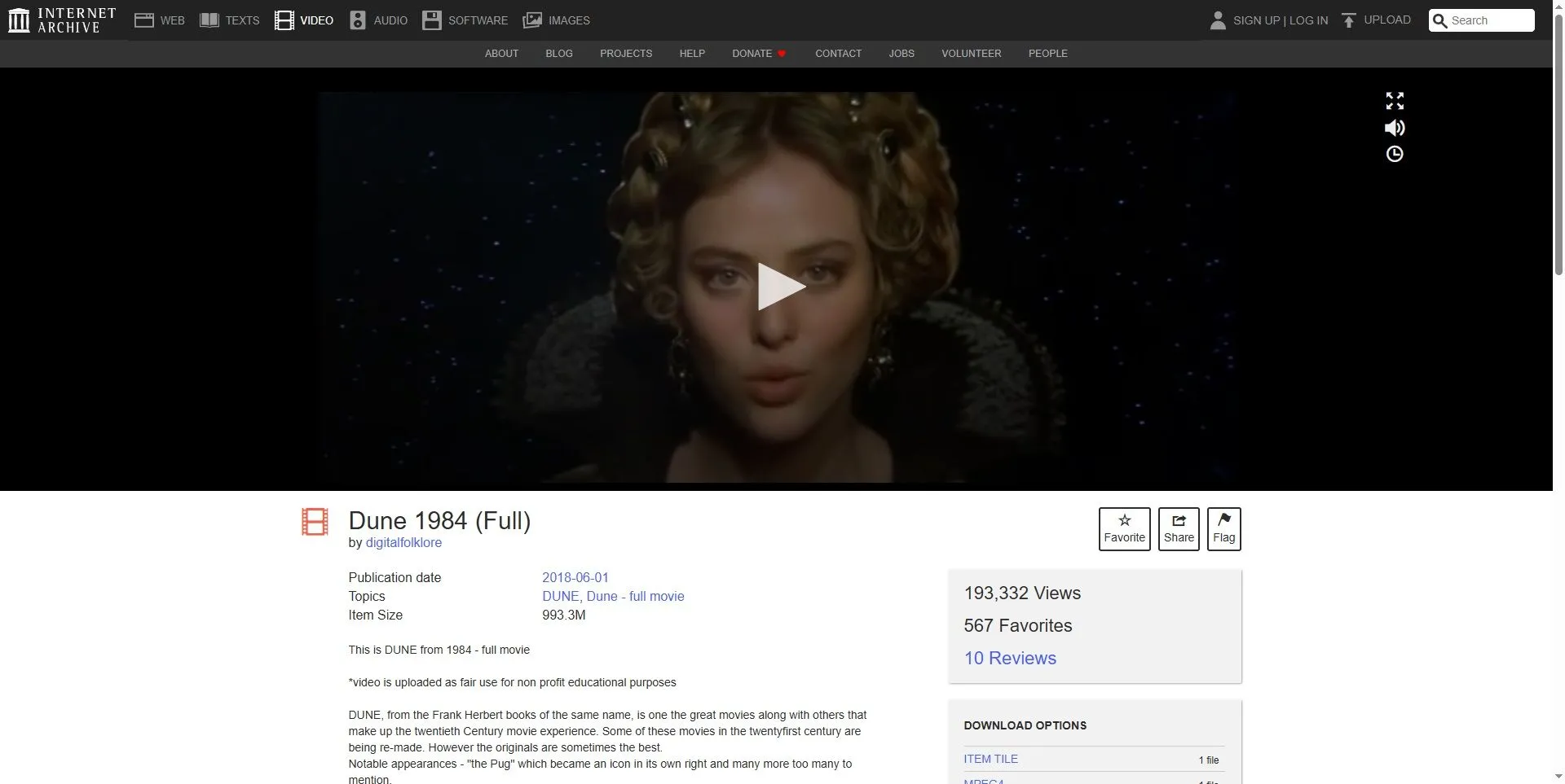 Người dùng đang xem bộ phim &quot;Dune&quot; (1984) trên Internet Archive, một kho tàng phim cổ điển miễn phí