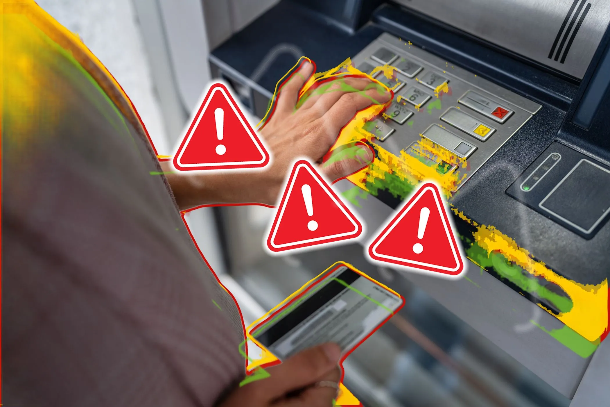Người dùng đưa thẻ ngân hàng vào ATM kèm cảnh báo lừa đảo thẻ tín dụng