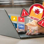 Người dùng duyệt web trên laptop với biểu tượng cảnh báo phần mềm độc hại