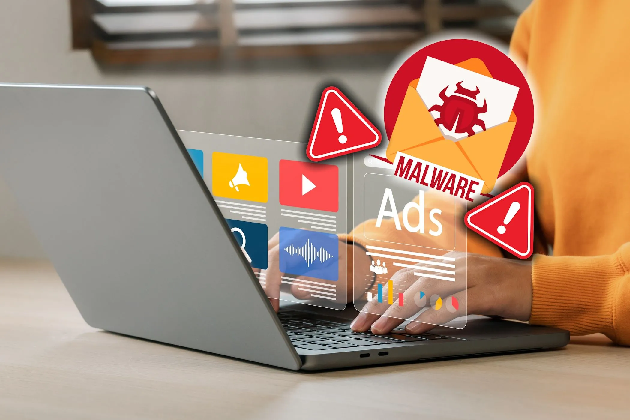 Người dùng duyệt web trên laptop với biểu tượng cảnh báo phần mềm độc hại