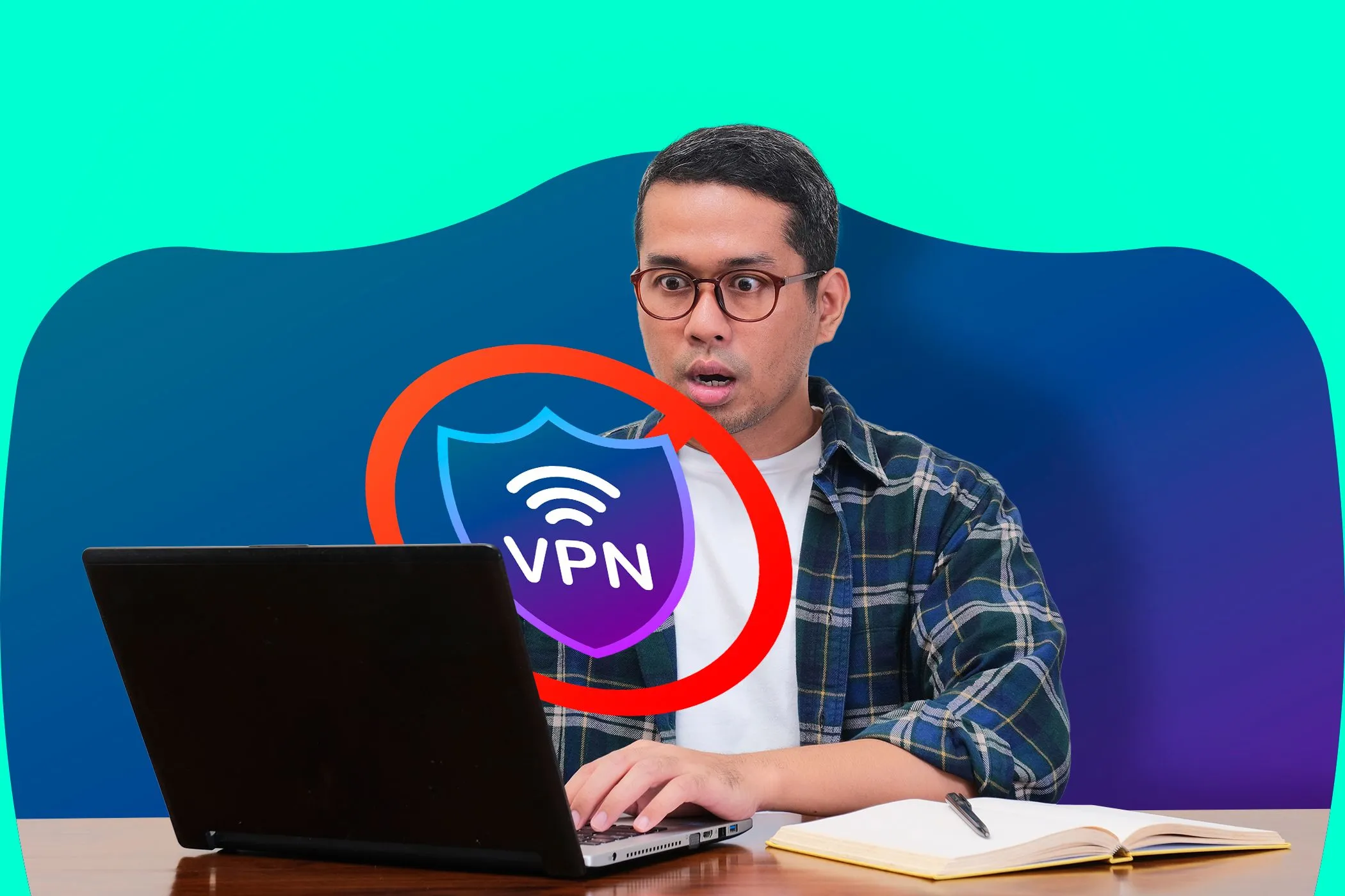 Người dùng nam giới bất ngờ nhìn màn hình laptop hiển thị VPN, minh họa ảnh hưởng của VPN đến tốc độ mạng khi kiểm tra.