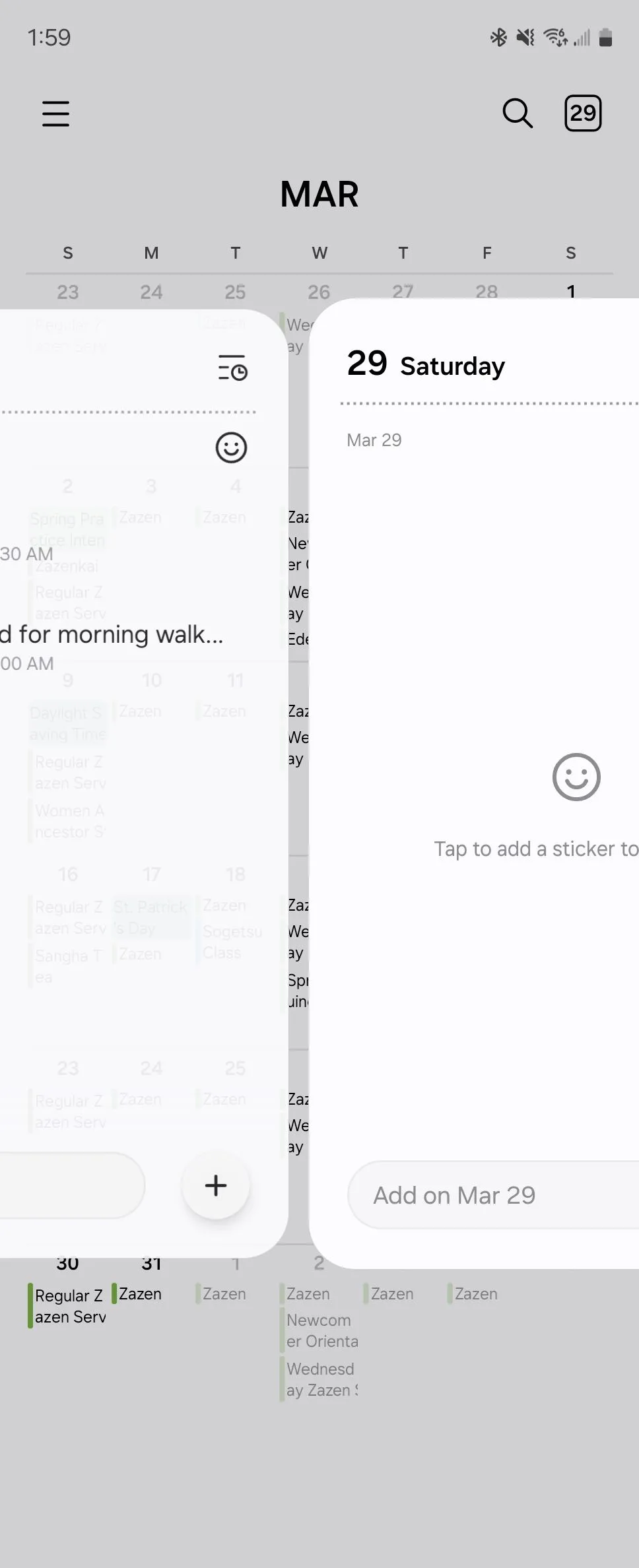 Người dùng vuốt giữa hai sự kiện liên tiếp để xem chi tiết trong Samsung Calendar