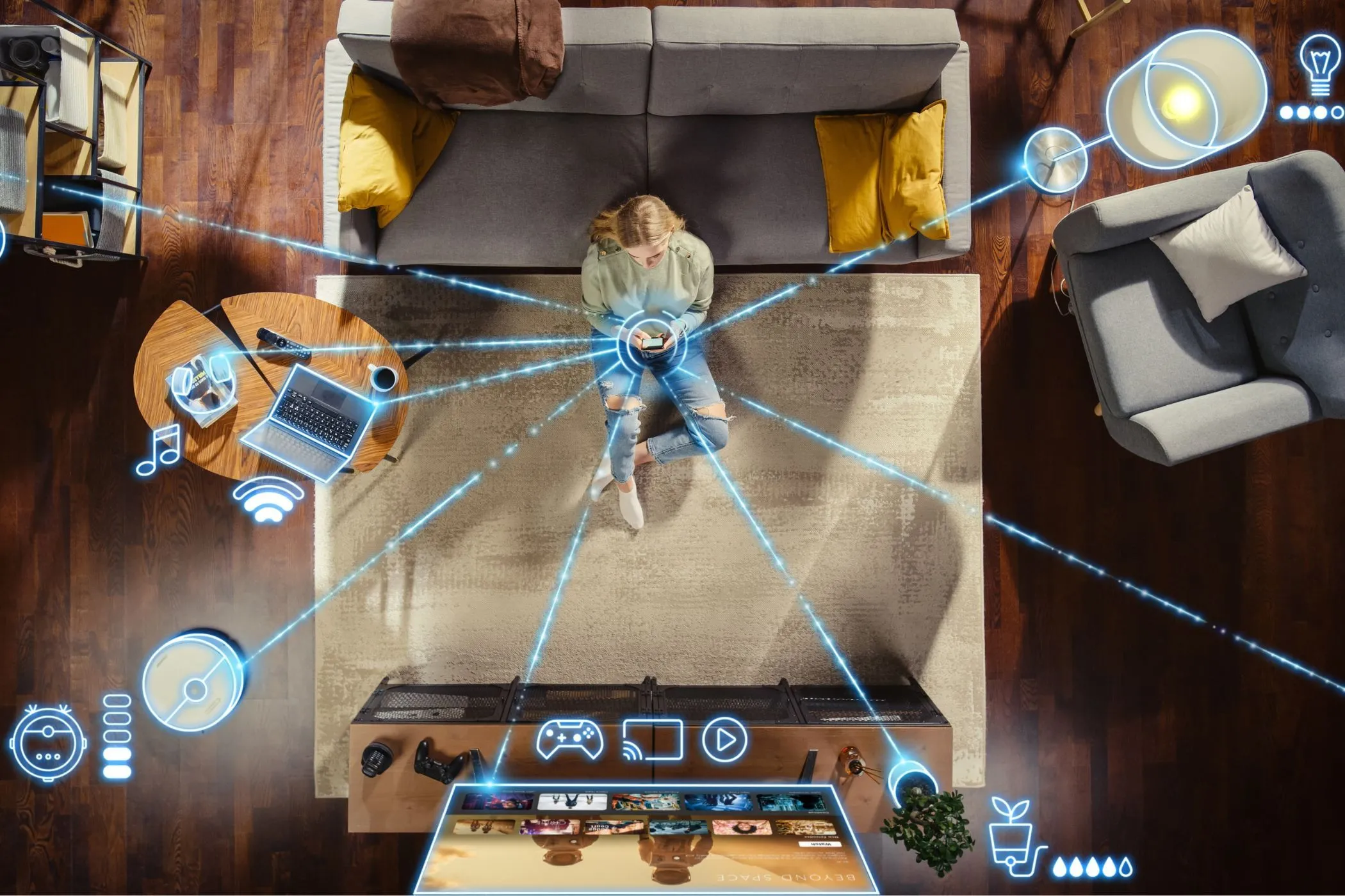 Người phụ nữ kiểm tra các thiết bị thông minh kết nối Wi-Fi, minh họa cho việc quản lý băng thông mạng gia đình