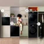 Người phụ nữ ngồi trong bếp nhà thông minh với các thiết bị kết nối