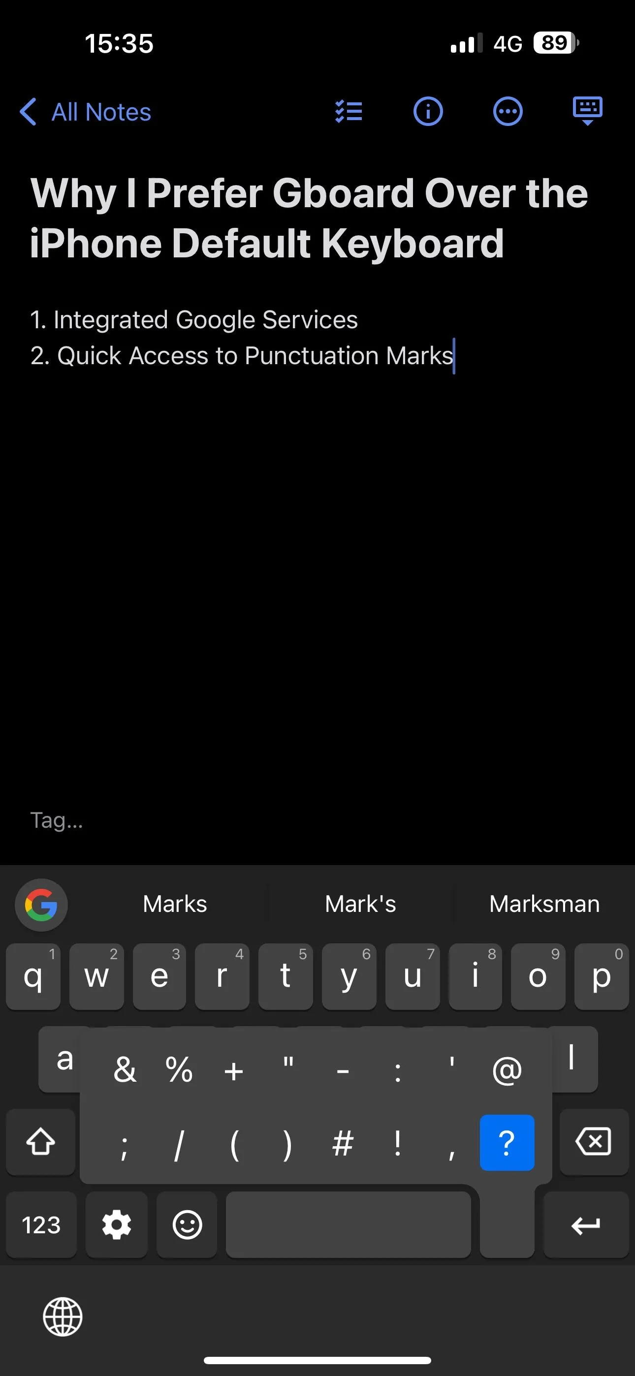 Nhấn giữ phím chấm (.) trên Gboard để truy cập nhanh các dấu câu và ký tự đặc biệt.