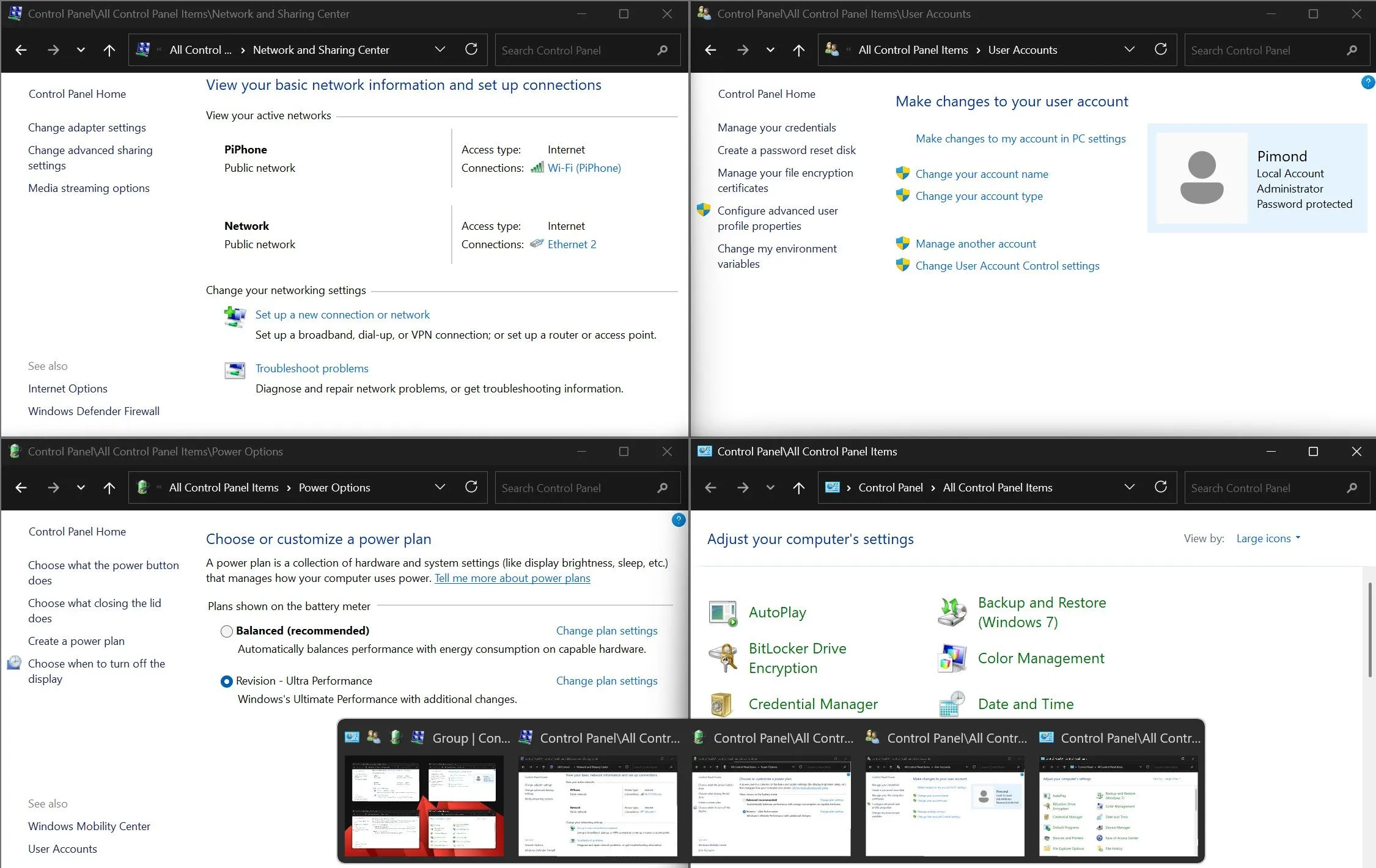 Nhiều cửa sổ Control Panel được mở đồng thời trên Windows 11, thể hiện khả năng đa nhiệm tốt hơn.