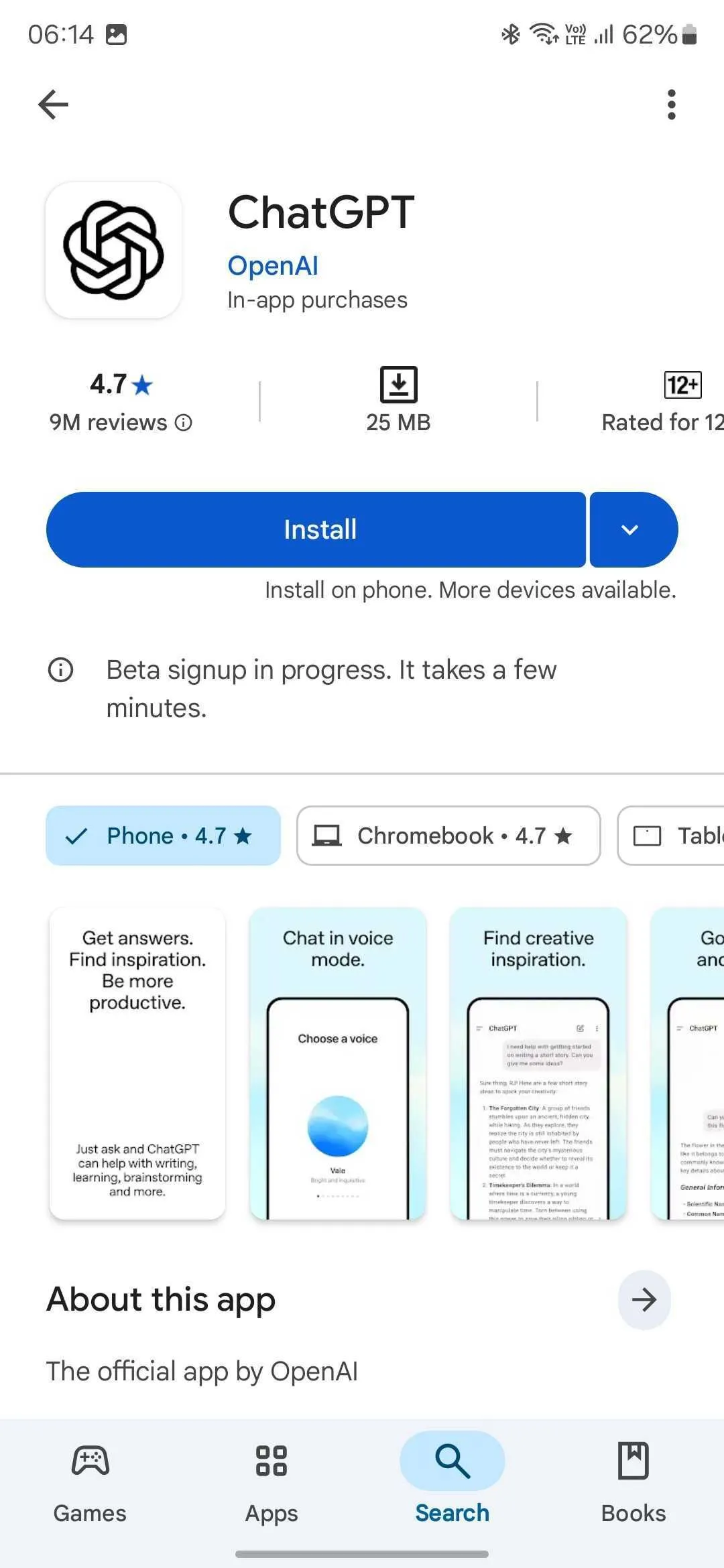 Nút cài đặt ứng dụng ChatGPT cho Android trên Google Play Store sau khi tham gia beta